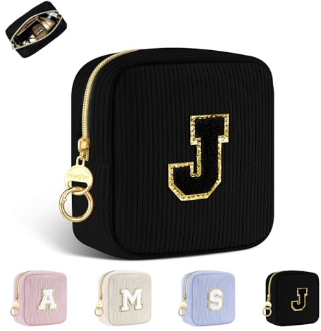 Personalisierte Kosmetiktasche Kleine Make up Tasche Cord Schminktasche Damen Tragbare Reise-Kulturbeutel für Toilettenartikel Organizer Personalisierte Initialen Geburtstag für Mädchen Schwarz J