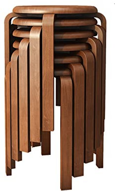 Moderne stapelbare Bugholzhocker, 6er-Set, für Zuhause, Büro, Pub und Wohnzimmer, runde Holzstühle mit rutschfesten Fußpolstern und rückenfreiem Design