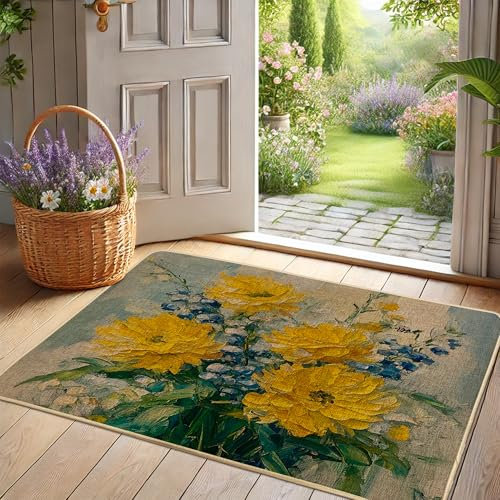 Paillasson floral printanier, pivoine jaune et jacinthe des bois pour entrée extérieure et intérieure, décoration d'intérieur, en caoutchouc imperméable, antidérapant, absorbant la poussière, facile à