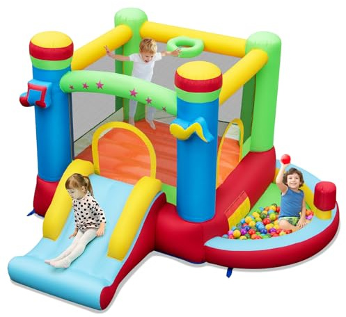 COSTWAY Kids Bouncy Castle, Inflatable Bounce House with Slide, Ball Pit, Basketball Hoop, Children Blow Up Jumper for Indoor Outdoor (without Blower)
