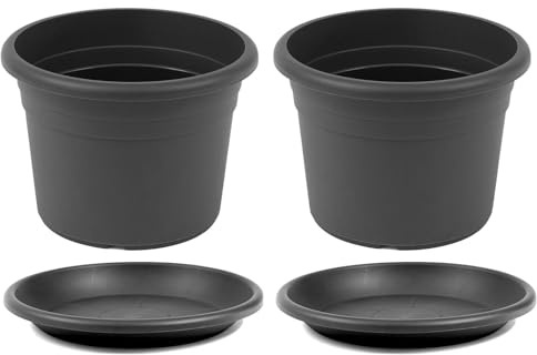 HAC24 2X Pflanztopf Kunststoff Anthrazit Rund Ø 60 cm incl. Untersetzer Pflanzkübel Pflanzuntersetzer Blumentopf Blumenkübel Pflanzcontainer