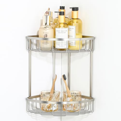 SAYAYO Corner Shower Caddy Basket Bathroom Shower Corner Shelves | SUS304 Stainless Steel 2-Tier Basket Organiser Storage, Brushed & Glaze Finish