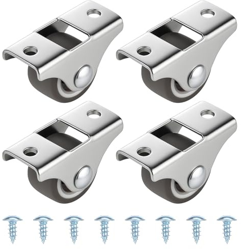 4 Pcs Mini Caster Wheels 1 Inch Silent Ball Bearings Small Fixed Caster Wheels Stainless Steel Top TPE Rubber Low Profile Casters Wheel with 8 Screws Small Wheel for Furniture Drawer Rolling Cabinet