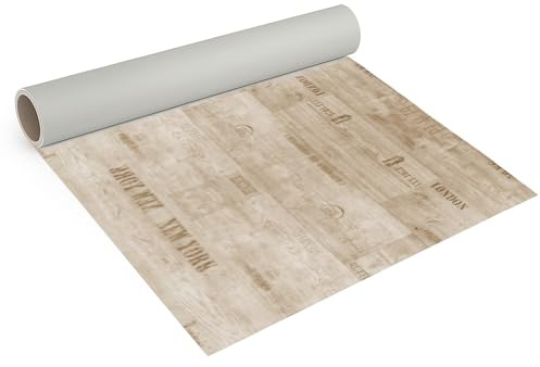 Internethandel Pfordt CV Bodenbelag Holz Schriftzüge Creme, 350x200 cm, pflegeleichter PVC Vinylboden in Holzoptik, Meterware für Küche und Wohnzimmer