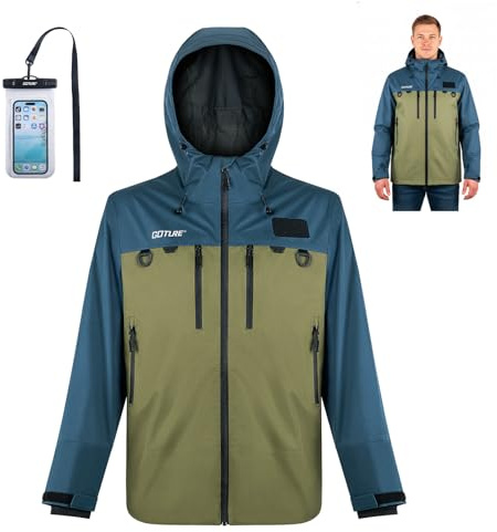 Goture Fliegenfischerweste Fliegenfischen Waten Jacke - Wasserdicht 15.000 mm & Atmungsaktiv mit Brusttaschen, Verstellbarer Kapuze, Handwärmetaschen für Angeln, Jagd, Outdoor Männer und Frauen