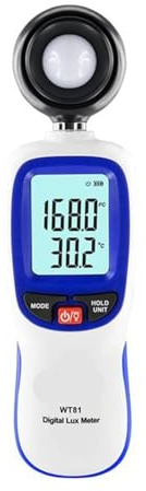 luxmetro digitale, Illuminometro digitale professionale WT81 Precisione 0-20000 Lux Luxmetro Data Hold Misuratore di intensità luminosa e temperatura per Case Agricoltura Magazzini