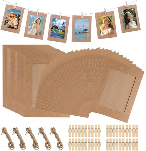 Lunyloer Lot de 50 Guirlandes Photo avec Pinces - 10 X 15 Cm -Marron - avec 50 Pinces en Bois - 5 Cordes de Chanvre - Cadre Photo en Carton - pour Bricolage, Anniversaire, Mariage, FêTe, Mur