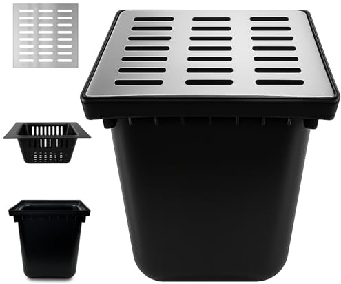 Catch Basin with 304 Stainless Steel Grate-16x16x16 in, Large Catch Basin for Drainage with Debris Basket, French Drain Basin Without Reserved Hole for Patio, Downspout, Commercial