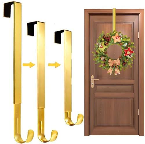 pozuauoa 1 Pc Adjustable Wreath Hanger for Front Doors Golden, Front Over Door Wreath Hanger, Christmas Decorations Flower Garlands Hooks, Suitable for Hanging Christmas Wreaths and Welcome Signs