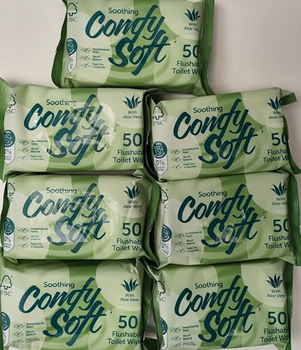 Aloe Vera Flushable Toilet Wipes, 350 Wipes, 7 x 50 Pack | Plastic-free toilet wipes with aloe vera, dermatologically tested and pH balanced for gentle hygiene
