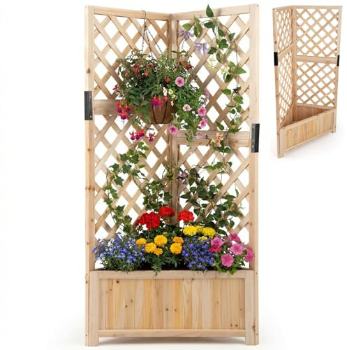 COSTWAY Wooden Planter with Trellis, Corner Raised Garden Bed with Drainage Holes & Removable Bottom Panels, Outdoor Trough Planter Box for Climbing Plants Vines Flowers, 50 x 50 x 140cm (Natural)