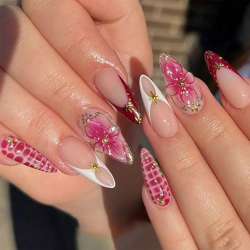 LunarCharm 24 pièces Faux ongles réutilisables - Forme amande courte avec bordure française et motif floral 3D en rose, design brillant et doux pour l'été