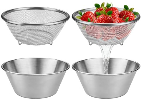 4 Pieces 5.51''/14 cm Small Colander with Bowl, Stainless Steel Washing Bowl and Strainer for Draining Rice Fruit Vegetable Food Kitchen