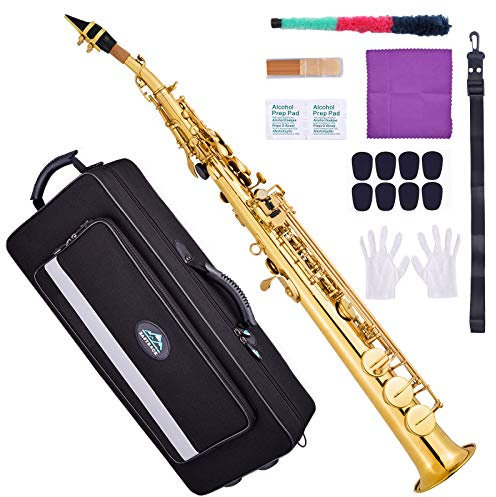 EASTROCK Bb Soprano Saxophone Straight Gold Laquer Sax Instruments for Beginners Students Intermediate Players with Carrying Case,Mouthpiece,Pads,Reed,Cleaning kit,neck Strap,White Gloves