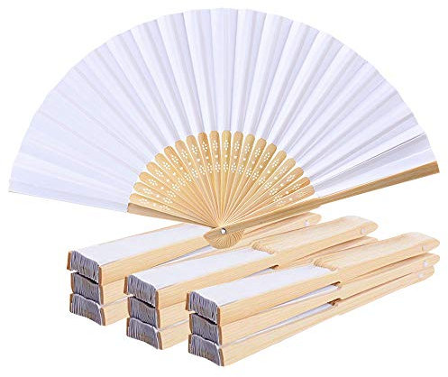 10 Stück Papierfächer Handfächer - Weiß Chinesischer Handfächer Holz und Bambus Stoff Faltfächer für Kinder und Frauen, Faltbar Hochwertig Seiden Handfächer für Hochzeit Party Zuhause Wand Deko