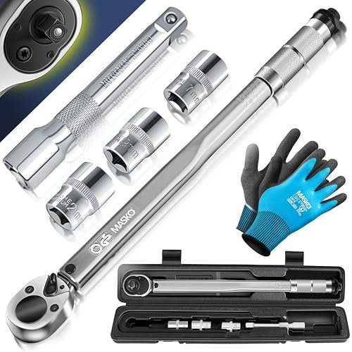 MASKO® Drehmomentschlüssel 6tlg. Set 40-210Nm 1/2' CV inkl. 3 Stecknüsse 17mm 19mm 21mm & Verlängerung 125mm Montagehandschuhe Koffer +/- 4% Toleranz Reifenschlüssel Auto Drehmoment-Schlüssel, Silber