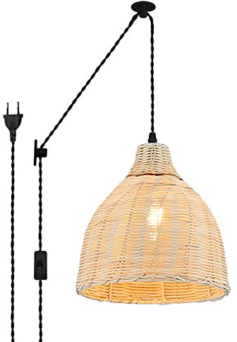 B·LED BARCELONA LED BarcelonaLED Lámpara de Techo Colgante Mimbre Bambú con Cable Enchufe en Pared Polea Vintage Pantalla Ratán Madera Ø26cm Portalámparas E27 para Salón Comedor Cocina