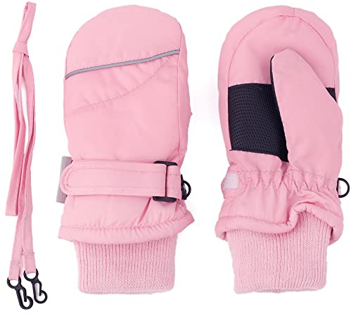 F Flammi Toddler Kids Snow Mittens with String Waterproof Ski Mittens Thinsulate Winter Gloves for Baby Girls Boys(Baby Pink,4-6)