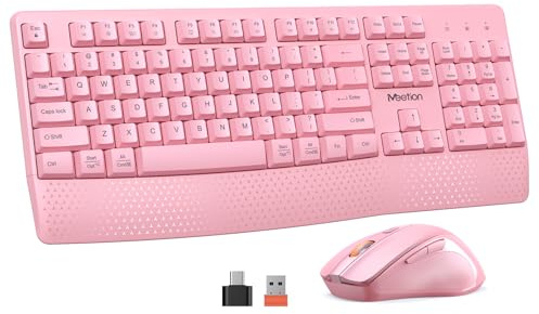 MEETION Wireless Keyboard and Mouse, Full-Sized Cordless Keyboard with Wrist Rest, 3 DPI Adjustable Mouse, Keyboard and Mouse Set with 2.4GHz USB Receiver, for PC/Computer/Laptop/Windows/Mac, Pink