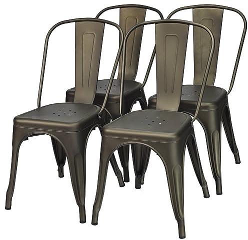 GiantexUK Dining Chairs Set of 4, Industrial Stackable Kitchen Chairs with Back & Rubber Foot Pads, Tolix Metal Breakfast Side Seating for Dining Living Room Bistro (Gun, Hollowed Metal Seat)