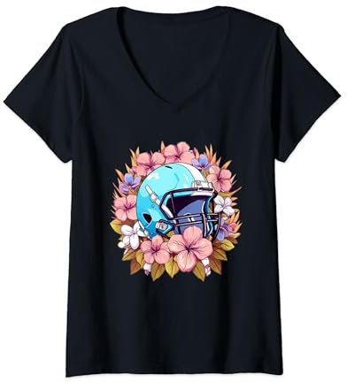 Damen American Football Helm mit Blumen I American Football T-Shirt mit V-Ausschnitt