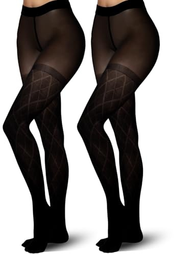 Sahunfri 2 Paar gemusterte Strumpfhosen, Rautenmuster, Strumpfhose für Damen, halbblickdicht, gemusterte Strumpfhosen, 60 D