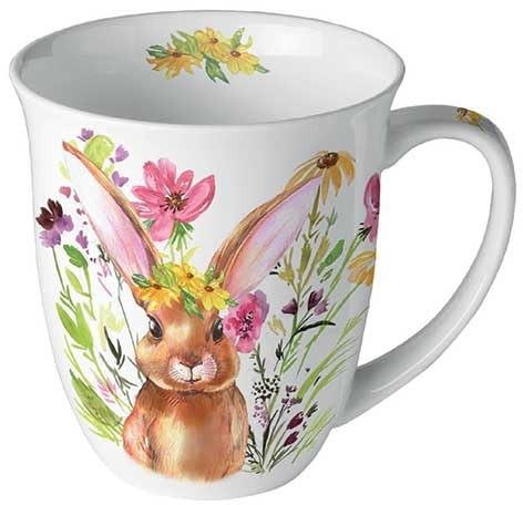 Ambiente Porzellan Tasse mit Hasenmotiv, Bone China, 400ml, Weiß mit Blumendekoration, 10x10x10,5 cm Girl bunny