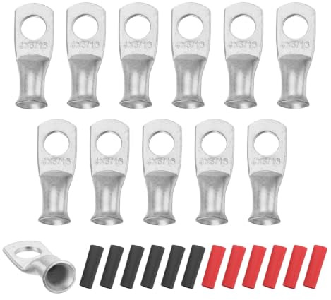 sourcing map 12pcs 4 AWG M8 Battery Lugs Ring Terminals, 5/16 8mm,Silver | Stud Crimp Wire,Terminal Connector End Copper, 3:1 Heat Shrink Tubing
