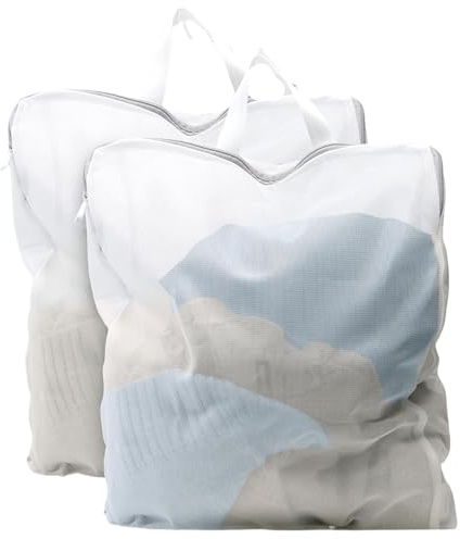 Sacchetti Lavatrice con Maniglie – Set da 2 – Protezione Capi, Cerniera Antiscivolo, Maglia a Nido d’Ape – Borsa Lavaggio Intimo, Delicati, Scarpe – Bianco