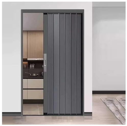 Abschließbare Akkordeon-Tür aus Aluminium, zusammenklappbar, platzsparende Trennwand mit Beschlägen, stilvolle mehrfach gefaltete Innentür (grau, links, 960 x 1010 mm)