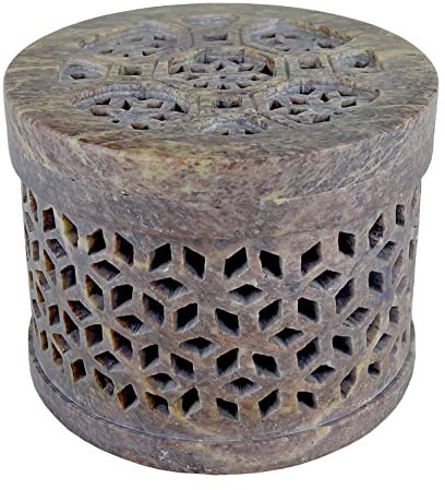 Bitto Weihrauchbrenner Windlicht Softstone Hexagon mit Deckel Höhe 10 cm, Ø 12 cm mit Edelstahlsieb Ø 12 cm Fair Trade Deko Duft