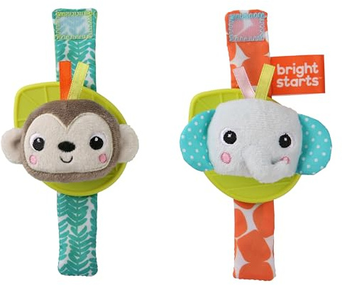 Bright Starts Rassel- und Beißringarmband Affe und Elefant, tragbar an Hand- oder Fußgelenk, BPA-frei, mehrfarbig
