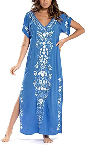 Orshoy Damen Strandkleid Sommer Bikini Cover up Strandponcho Pareos Loose Fit Sexy Kleid Strand Tunika Lang Maxi Lang Pareo Kaftan Blau