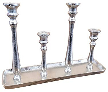 Kerzenständer Kerzenhalter 4-Armig Aluminium Silber Raw - Kerzenleuchter Groß auf Tablett - Tischdeko Modern 40x10x28 cm