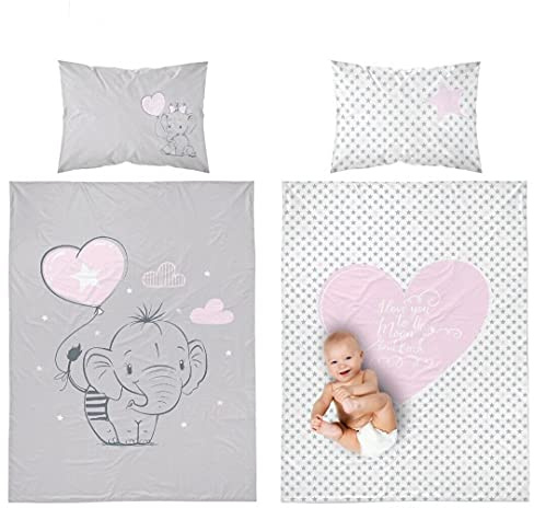 Bettwäsche-Set für Babybett, Elefantenmotiv, Bettbezug und Kissenbezug, 90 x 120 cm