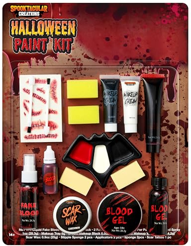 Spooktacular Creations 16 Stück Halloween Schminke Set, Gesichts Körperbemalung mit flüssigem Blutgel, Kunstblut, einfach an- und auszuziehen, Schminke Set für Cosplay Halloween Party Zubehör