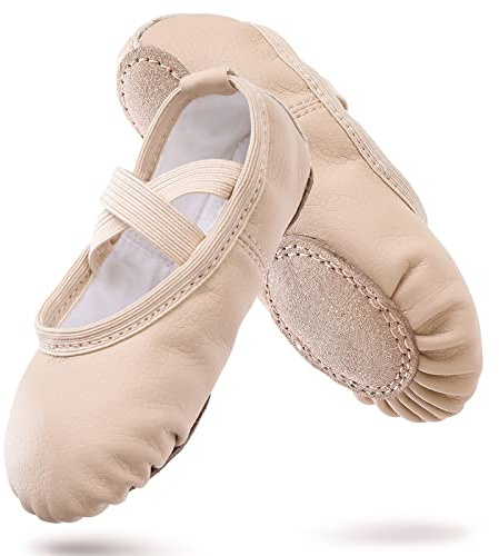 Ballettschuhe Mädchen Leder Ballettschläppchen mit Geteilte Ledersohle Gymnastik Tanzschuhe für Kinder Damen,Beige Eu28