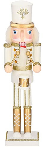 SPRINGOS Casse-noisette en bois - Hauteur : 38 cm - Avec barbe longue et paillettes - Décoration de Noël (blanc - paillettes dorées et blanches 38 cm)