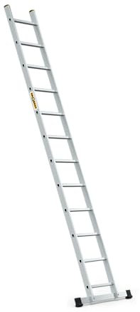 DRABEST PRO Serie Anlegeleiter Aluminium-Stufenleiter - 12 Stufen - mit Leiterhaken - Tragfähigkeit 150 kg - Anti-Rutsch-Füße, Leichtes Gewicht, korrosionsbeständig - EN131