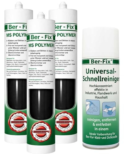 Ber-Fix MS Polymer Schwarz Karosserie 3er Pack + Universalreiniger | MS Polymerkleber Schwarz Karosserie Außen 3er Pack: zur Vorreinigung und saubereren Klebefläche.