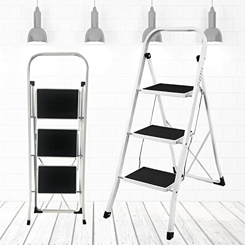 Escabeau en Acier de 3 Marches Tabouret Marche Pied Pliant, Marchepied Pliant Portable, Escabeau avec Large Pédale Antidérapante, Echelle avec Pieds Anti Dérapant Escabeau Multi-Usage Max 150KG