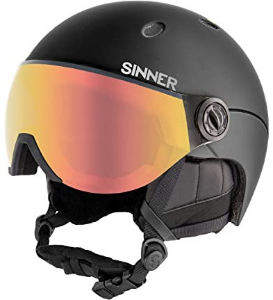 SINNER Titan Skihelm mit Visier – Für Herren und Damen - Ausgezeichnete Sicherheit - Größenverstellbar - Belüftet – Matt Schwarz – Orange Mirror Visor – Mehrere Gröβen