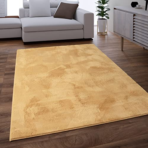 Paco Home Teppich Wohnzimmer Schlafzimmer Kunstfell Shaggy Hochflor Flauschig Soft Einfarbig Gelb, Grösse:140x200 cm