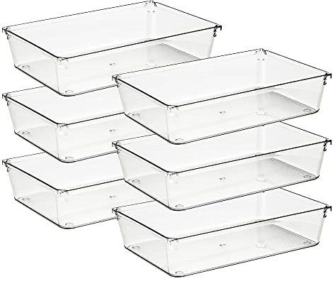 Ravinte 6 Pack Drawer Organizer - 6 X 9 Plastic Storage Bins, Acrylic Organizers with Non-Slip Pads Clear Desk Storage Tray for Makeup, Jewelries, Kitchen Utensils, Bathroom and Office