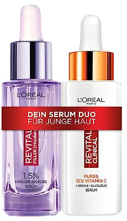 L'Oréal Paris Gesichtspflege Set, Mit Hyaluron und Vitamin C Serum, Feuchtigkeitspflege für einen straffen und strahlenden Teint, Für jeden Hauttyp, Revitalift Filler, Clinical, 2 x 30 ml