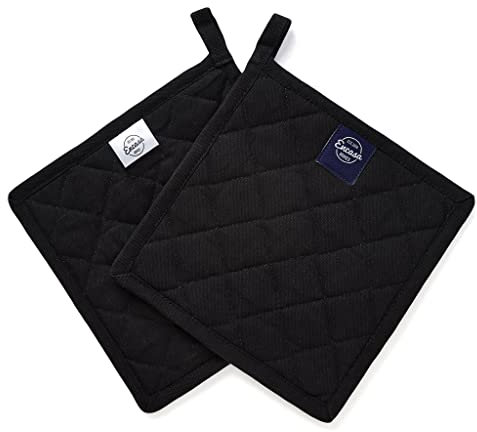 Encasa XO Heat Resistant Cotton Pot Holders With Hanging Loop - Set Of 2 - Full Black - Multipurpose Quilted Everyday Hot Pad For Kitchen, Camping, BBQ & Microwave - 21 cm