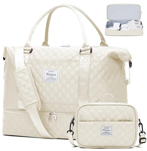 Wochenendtasche für Damen, Handgepäck, Wochenend-Reisetasche mit Schuhfach und Kulturbeutel, persönliche Gegenstände, Tasche für Reisen, Geschäftsreisen, Sport, Krankenhaus, Beige, Large, Set
