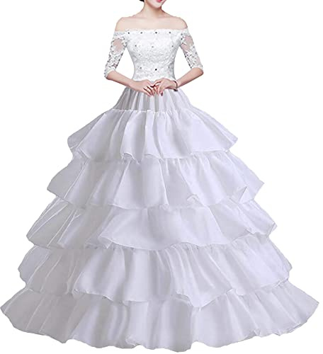 Women's Crinoline Petticoat 4 Hoops Skirt 5 Ruffles Floor Length Ball Gown Underskirt White Crinoline Half-Slip for Wedding Bridal Dress