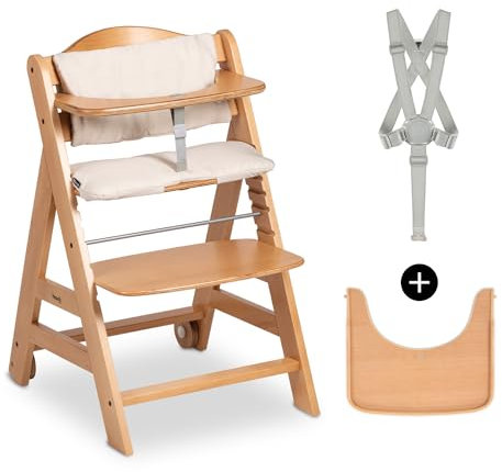 hauck Beta+, Natural - Mitwachsendes Kinderhochstuhl Set ab 6 Monaten bis 90 kg mit Rädern, Sitzkissen, Großes Essbrett, Kleiner Schutzbügel, 5 Punkt Gurt Sicherheitsgurt & Schrittgurt