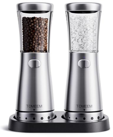 Salz und Pfeffermühlen elektrisch 2er Set aus Edelstahl (Wiederaufladbar, LED Beleuchtung, mit einstellbarem Keramikmahlwerk, Reinigungsbürste Bürste) Gewürzmühle elektrisch